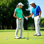 A professional golf instructor, fully clothed in a modest, modern golf polo shirt and trousers, stands on a vibrant green golf course, gently guiding a student's hand on a putter. The scene emphasizes a natural pose and correct proportions, with well-formed hands and proper finger count. The background features a blurred, sunny golf course with lush trees. The image conveys professional instruction and a focused, pleasant atmosphere. safe for work, appropriate content, fully clothed, professional, family-friendly, high quality.