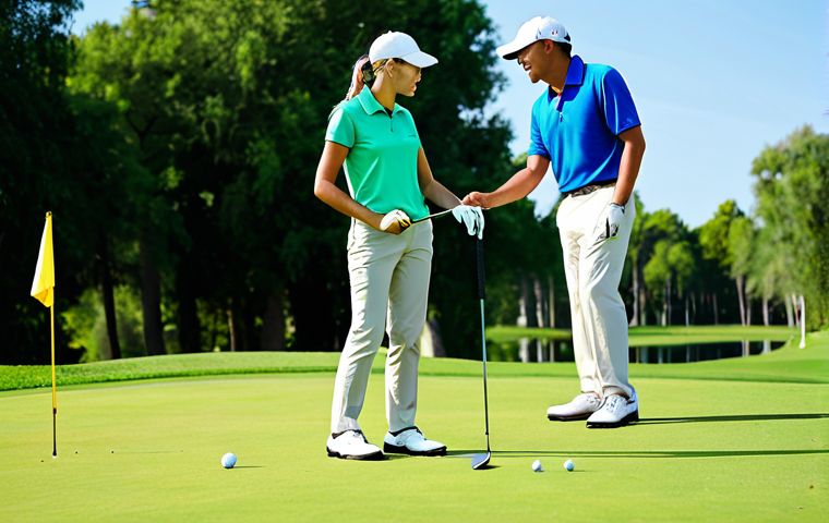 A professional golf instructor, fully clothed in a modest, modern golf polo shirt and trousers, stands on a vibrant green golf course, gently guiding a student's hand on a putter. The scene emphasizes a natural pose and correct proportions, with well-formed hands and proper finger count. The background features a blurred, sunny golf course with lush trees. The image conveys professional instruction and a focused, pleasant atmosphere. safe for work, appropriate content, fully clothed, professional, family-friendly, high quality.